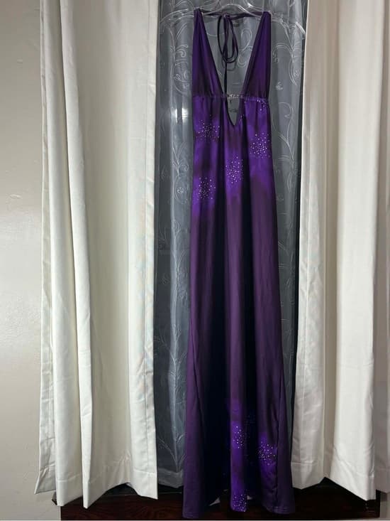 Purple Evening Halter Maxi Dress with Embellished Detail Size Medium Chest Chain - Thumbnail 6