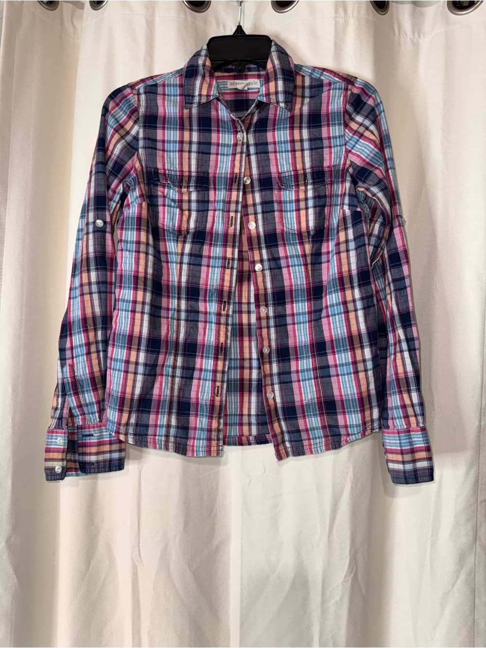 Aeropostale Plaid Button-Up Shirt in Pink, Blue & White - Thumbnail 2