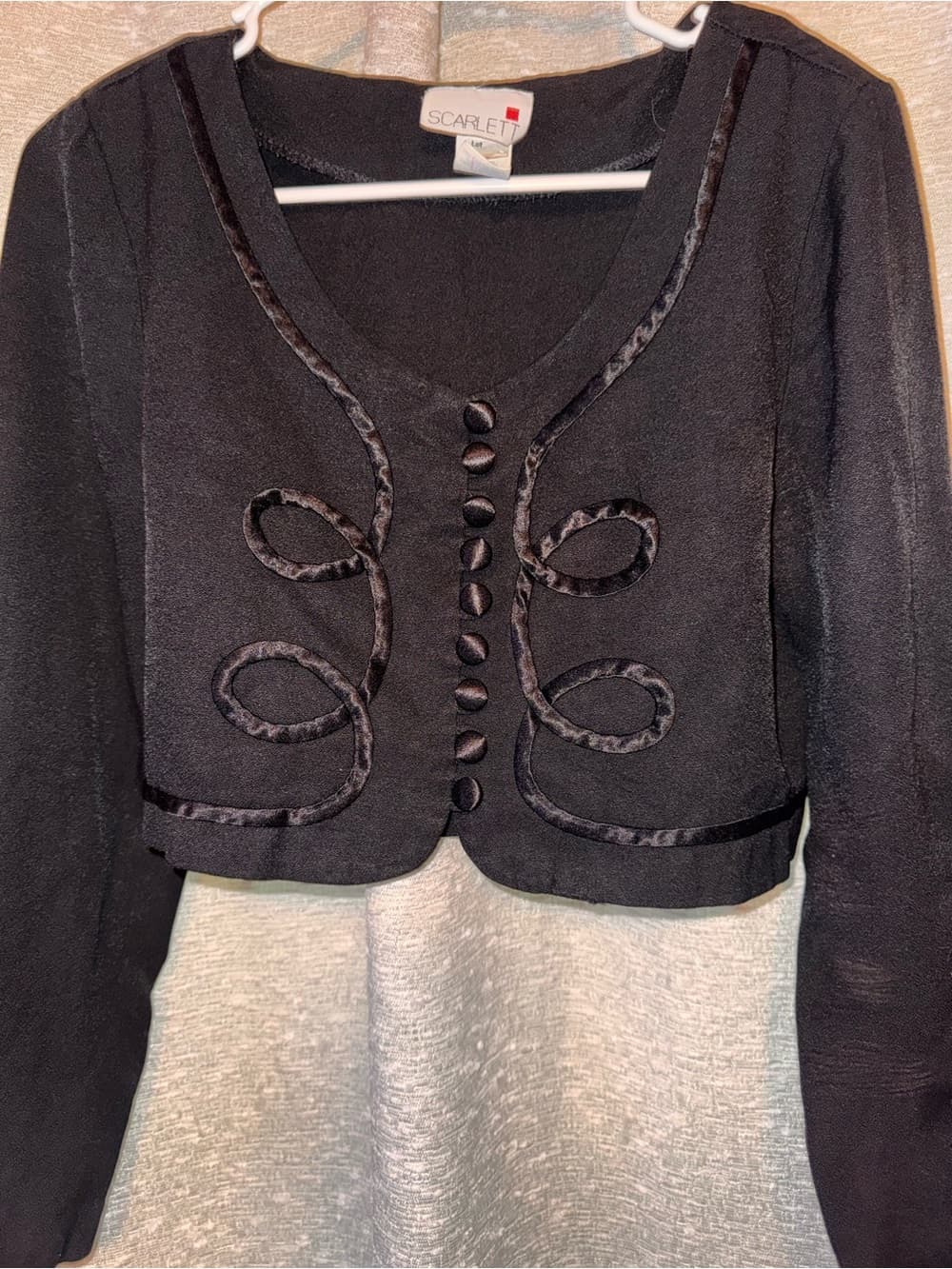 Vintage 1990’s Scarlett Black Cropped Jacket with Satin Loop Trim size 8 bolero