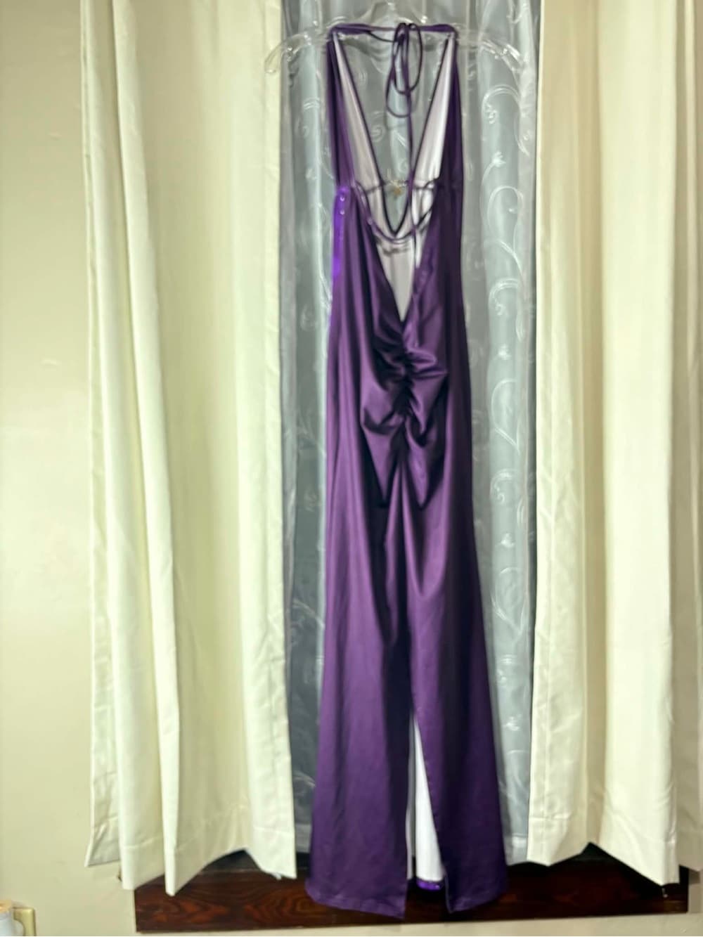 Purple Evening Halter Maxi Dress with Embellished Detail Size Medium Chest Chain - Thumbnail 2