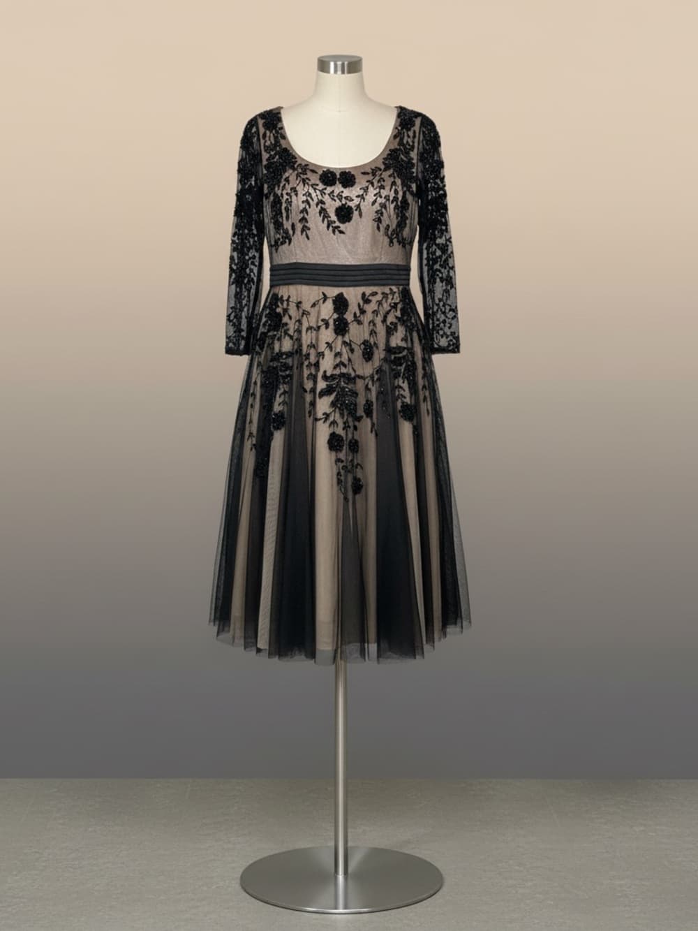 Gorgeous Black Embroidered Illusion Formal Guest Midi Dress