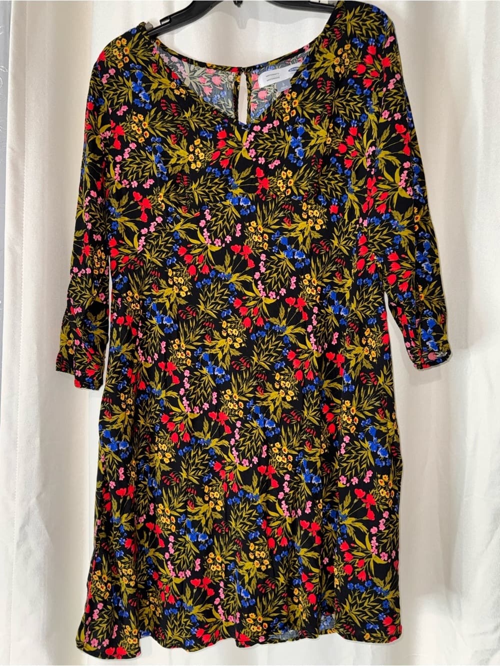 Maternity Old Navy Black Floral A-Line Dress with Red, Blue & Yellow Accents - Thumbnail 3