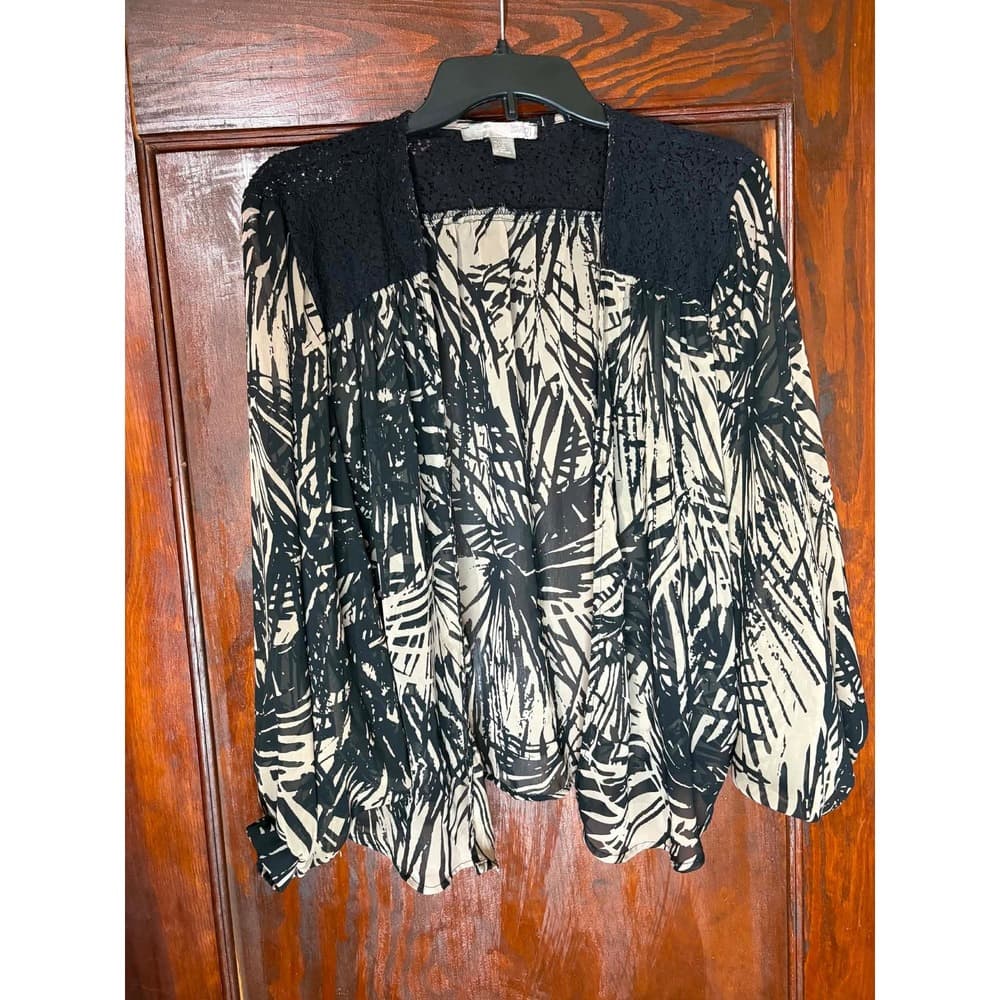 Love 21 Forever 21 Palm Print Lace Shoulder Open Front Cardigan Top Tan Black XS - Thumbnail 2