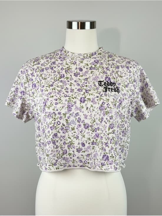 Teddy Fresh Womens Purple Floral Cropped T-Shirt XS Embroidered Logo Raw Hem - Thumbnail 6