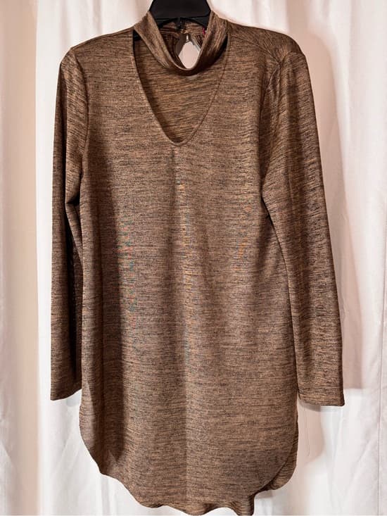 Say What? Womens XL Brown Marled Knit Choker Neck V-Neck Long Sleeve Tunic Top - Thumbnail 4