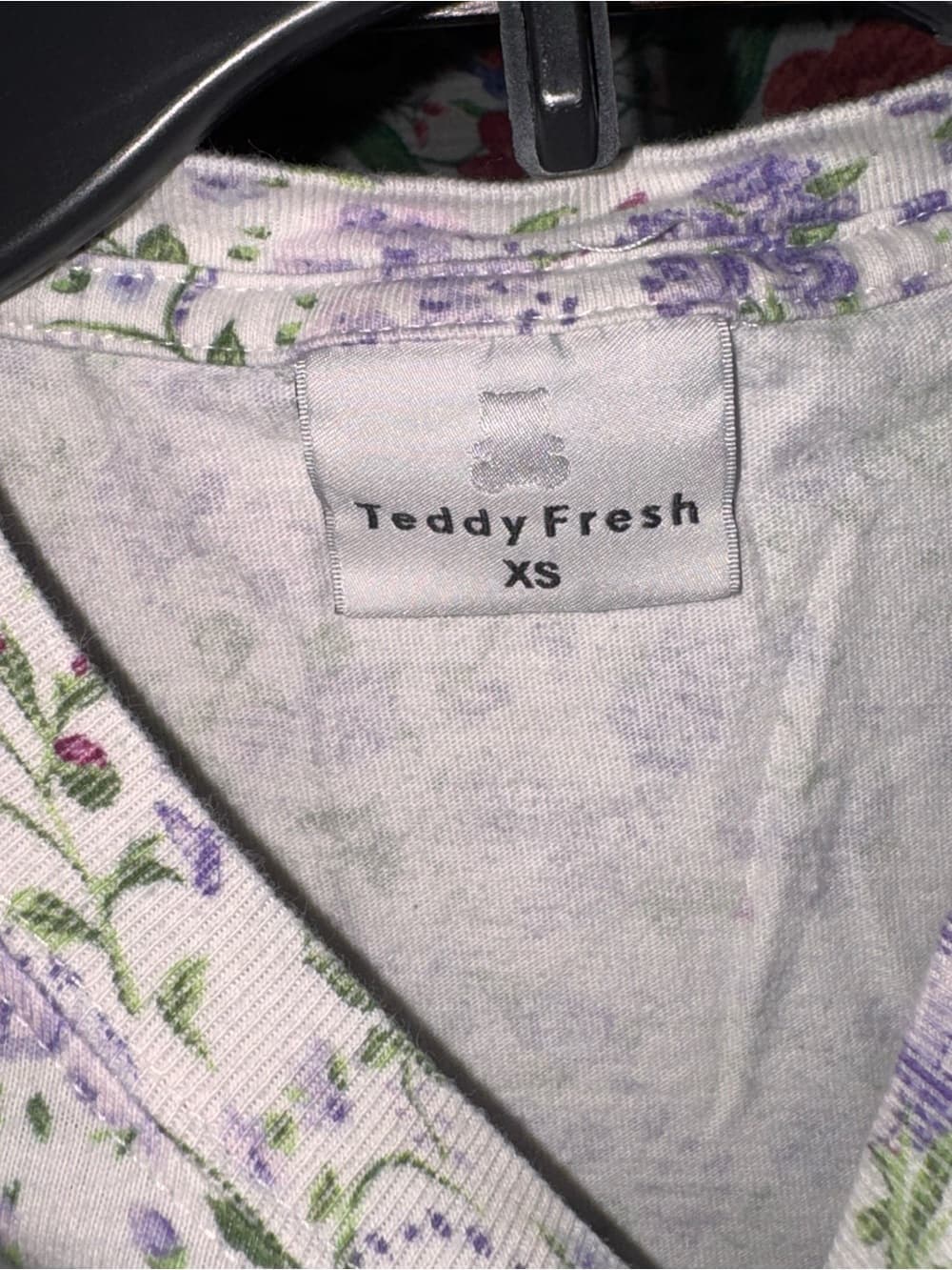 Teddy Fresh Womens Purple Floral Cropped T-Shirt XS Embroidered Logo Raw Hem - Thumbnail 4