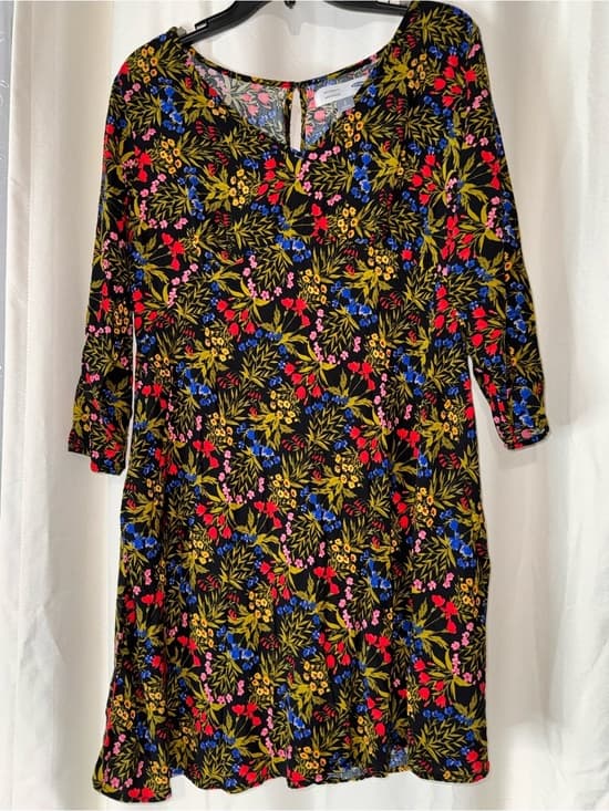 Maternity Old Navy Black Floral A-Line Dress with Red, Blue & Yellow Accents - Thumbnail 4