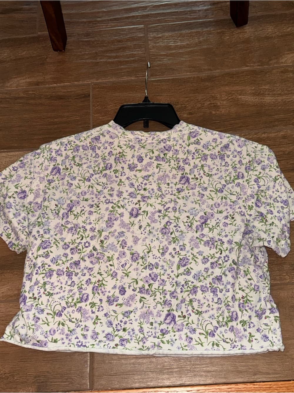 Teddy Fresh Womens Purple Floral Cropped T-Shirt XS Embroidered Logo Raw Hem