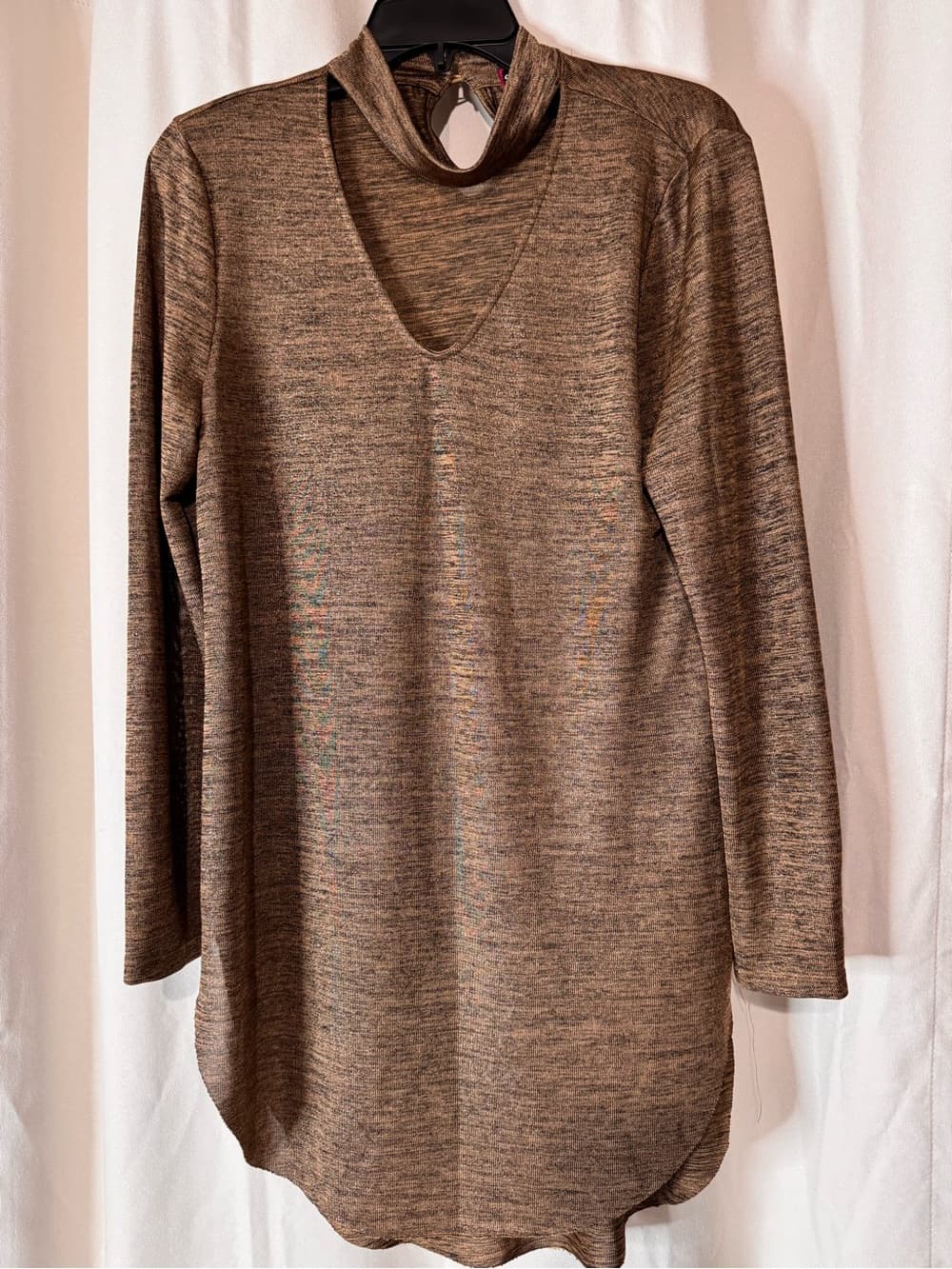 Say What? Womens XL Brown Marled Knit Choker Neck V-Neck Long Sleeve Tunic Top - Thumbnail 3