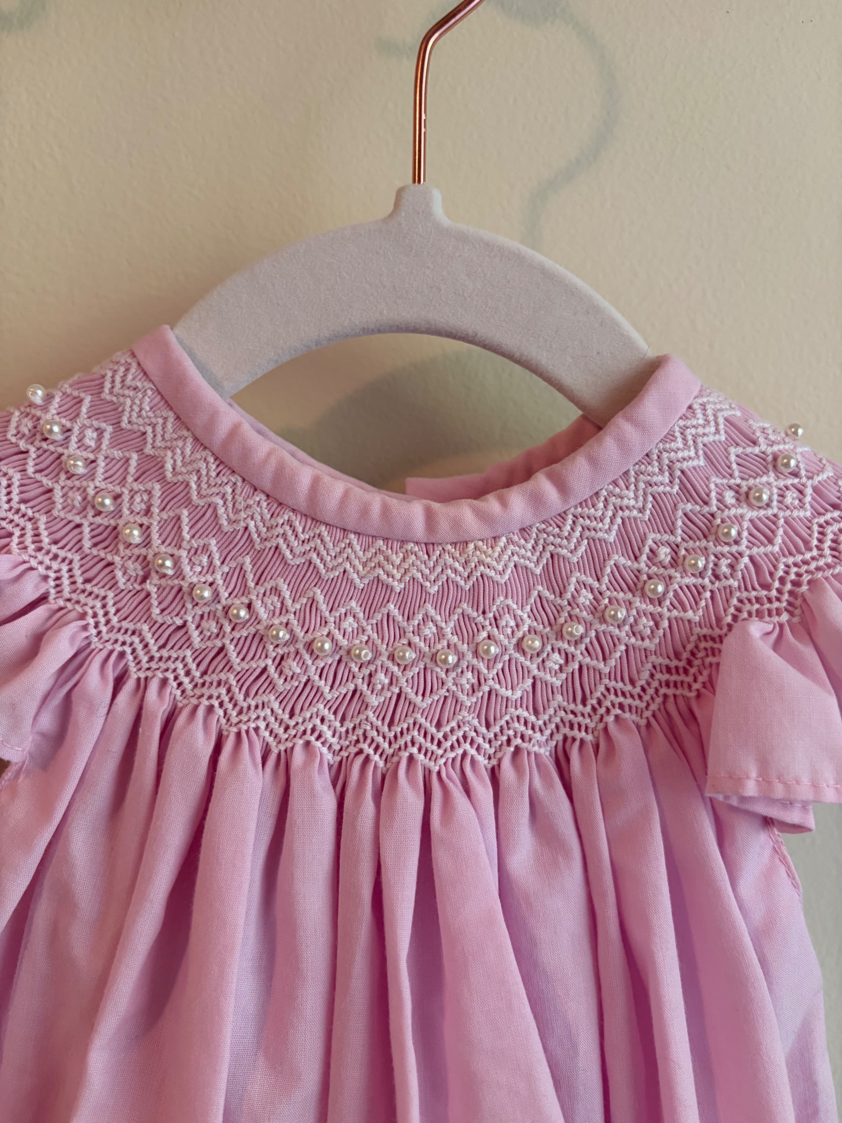 NOLA Smocked size 3 months girls Pink Smocked Baby Romper with Ruffle Sleeves - Thumbnail 3