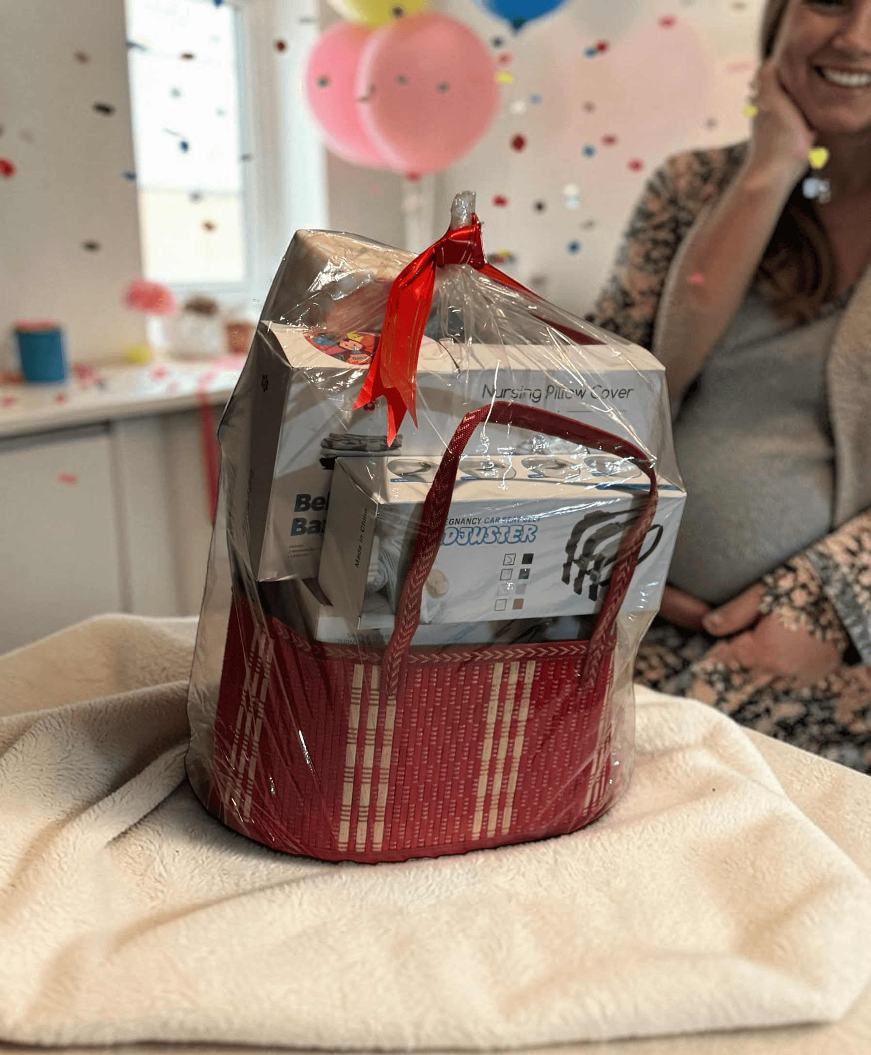 Postpartum Gift Basket Bundle New Mom - White Noise Machine, Heating Pad, Belly Bands, Nursing Pillow Covers, Car Seat Belt Adjuster - Thumbnail 2