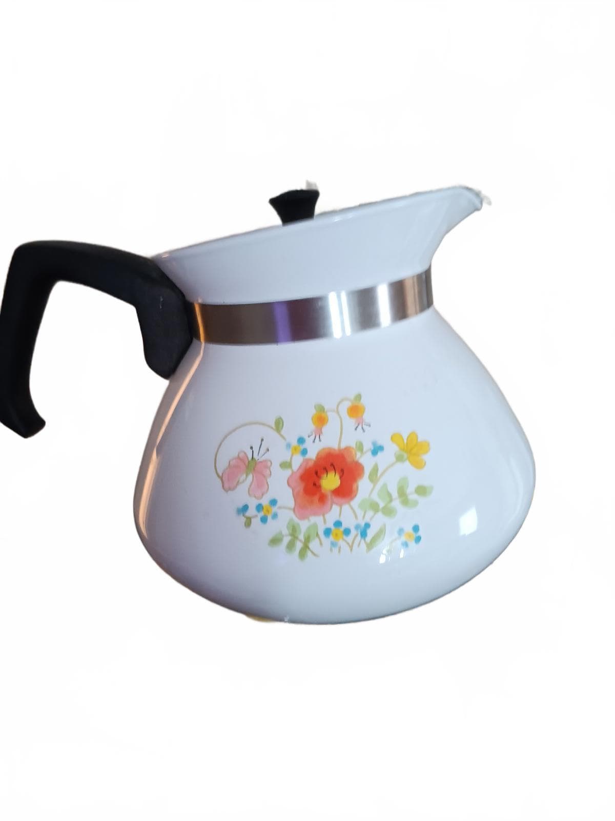 Vintage Floral White Teapot with Black Handle