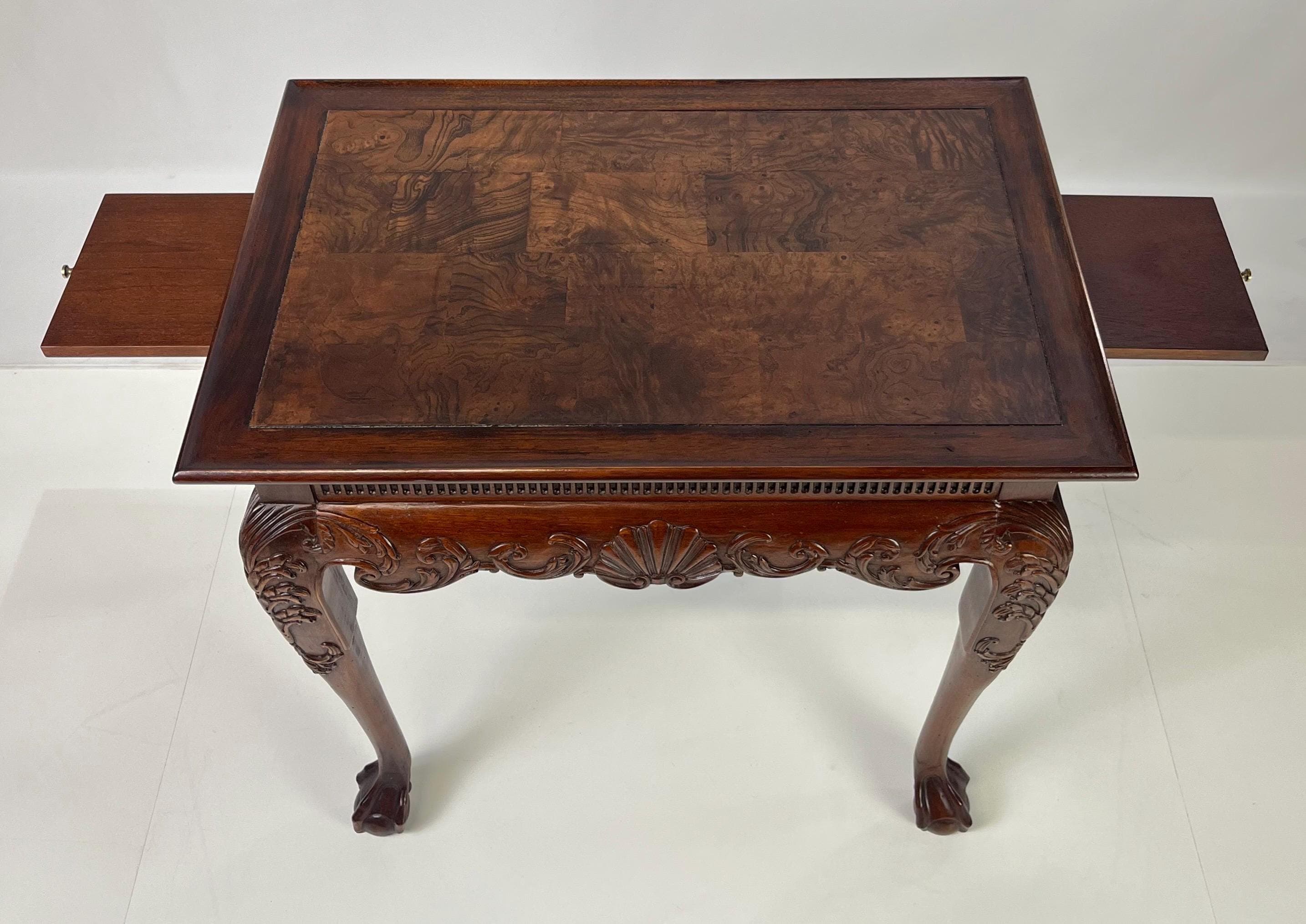 Hekman Chippendale Style Walnut Burl Tea Table With Pull-Out Slides - Thumbnail 9