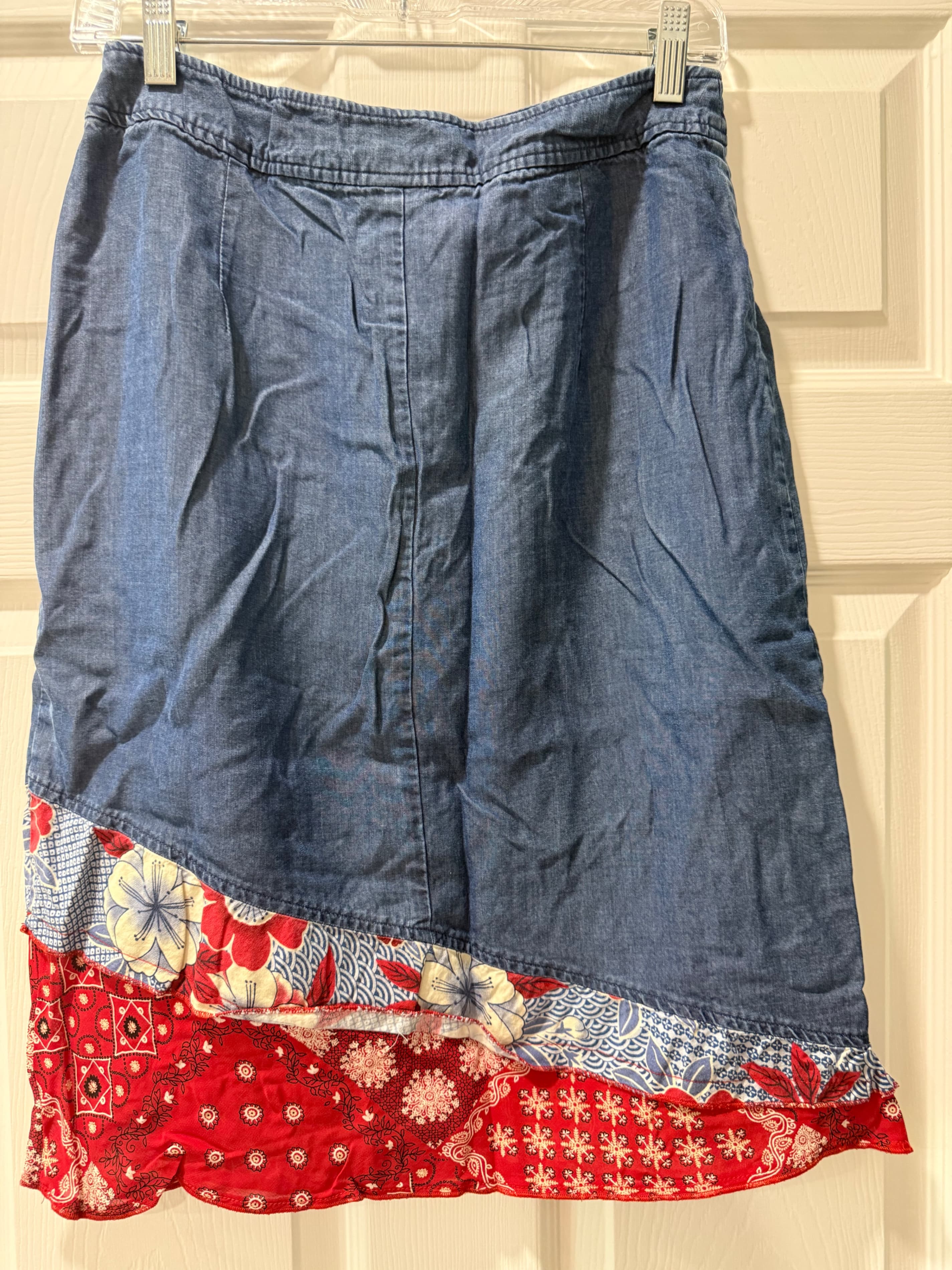 Denim Skirt with Red Floral Patchwork Hem - Thumbnail 4