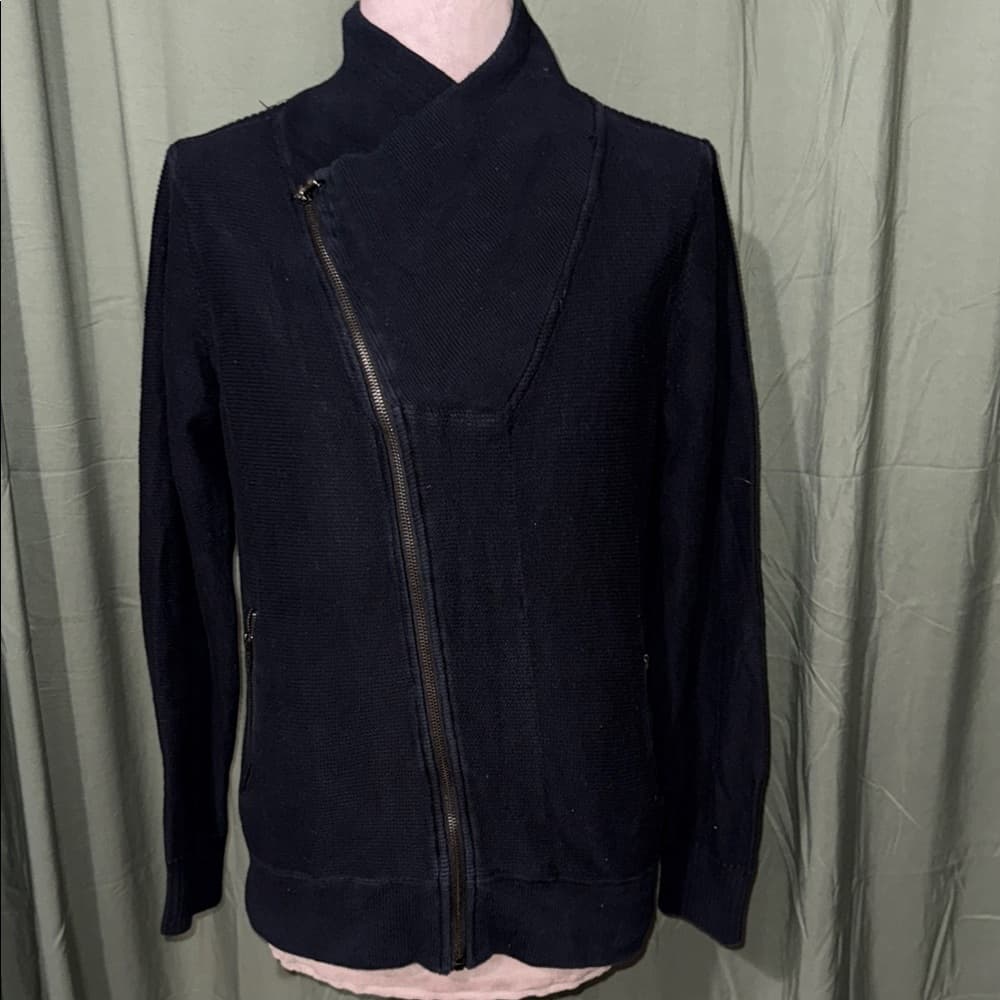 Guess Black Knit Asymmetrical Zip Moto Sweater Jacket | Size Large - Thumbnail 5