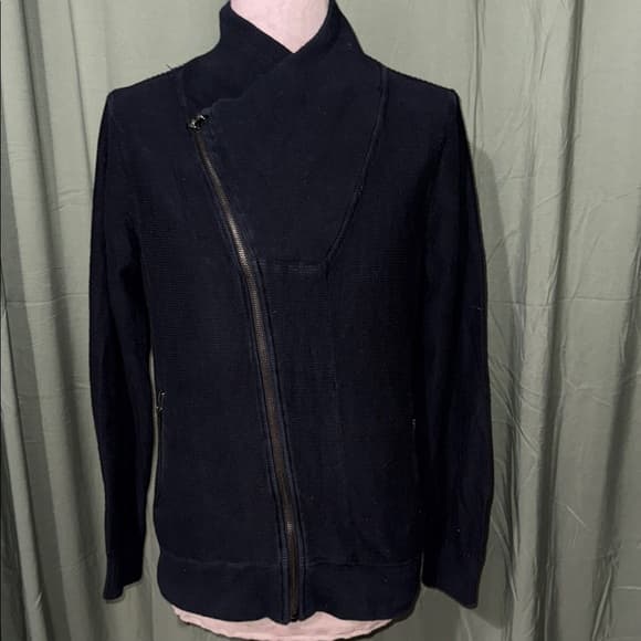 Guess Black Knit Asymmetrical Zip Moto Sweater Jacket | Size Large - Thumbnail 6