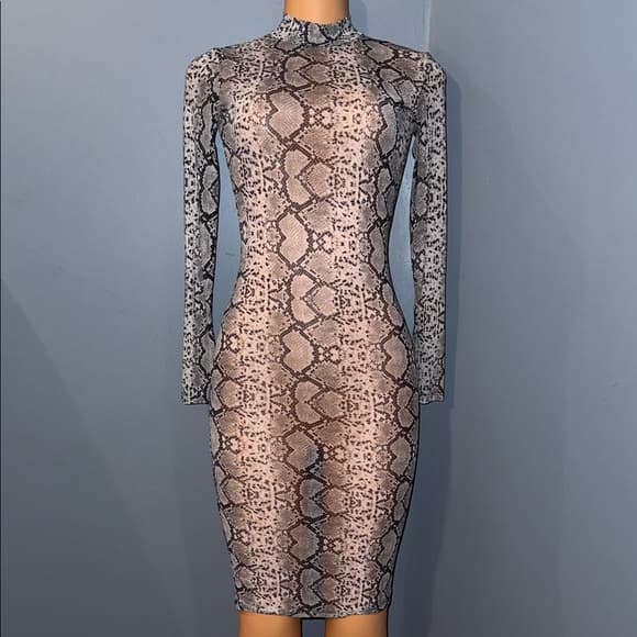 Elegant Long Sleeve Snake Print Dress - Thumbnail 6