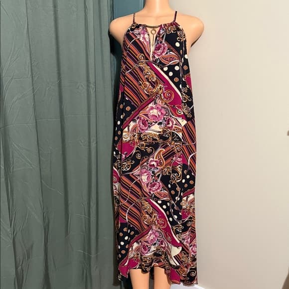 Elegant Black and Pink Patterned Maxi Dress - Thumbnail 6