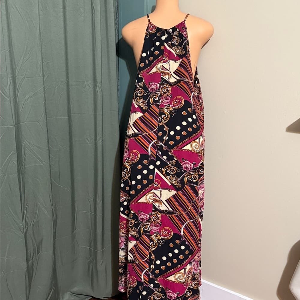 Elegant Black and Pink Patterned Maxi Dress - Thumbnail 2