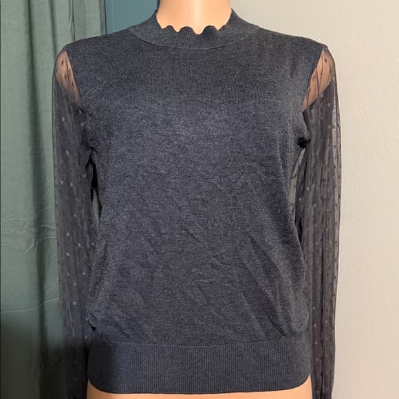 Chic Women's Gray Top with Sheer Sleeves - Thumbnail 6