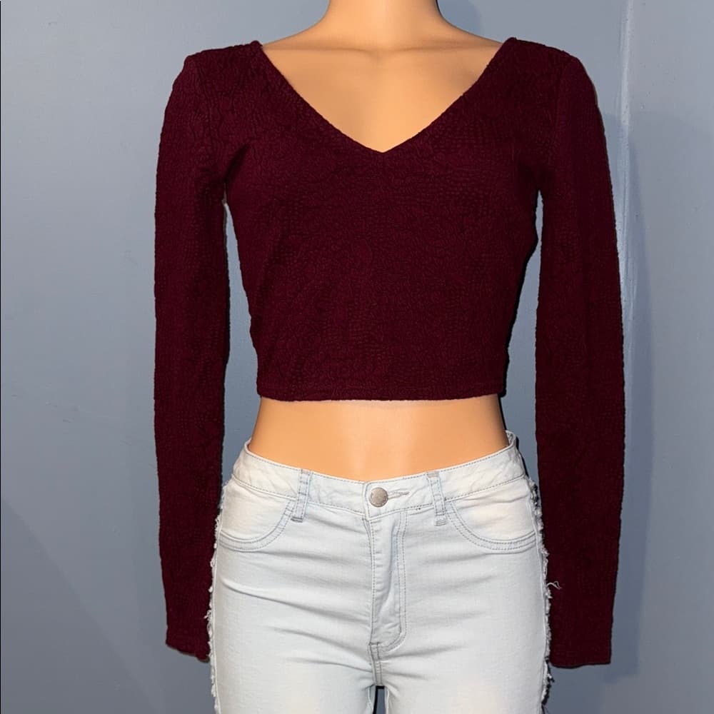 Forever 21 Burgundy Long Sleeve Crop Top - Size Small - Thumbnail 5