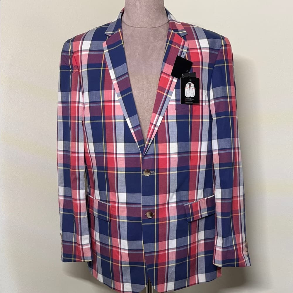 Men's Plaid Blazer - Red, Blue, White - Thumbnail 4