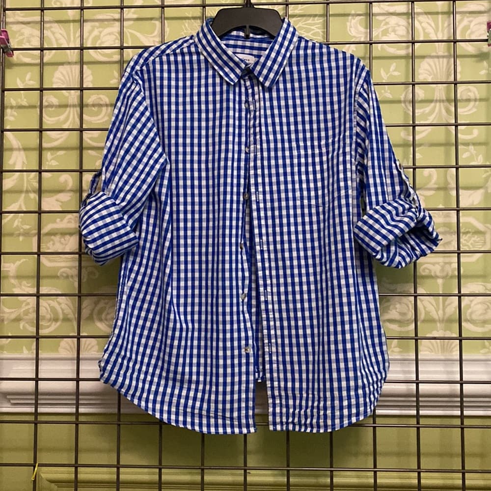 Blue & white checkered long sleeve button down shirt - Thumbnail 4