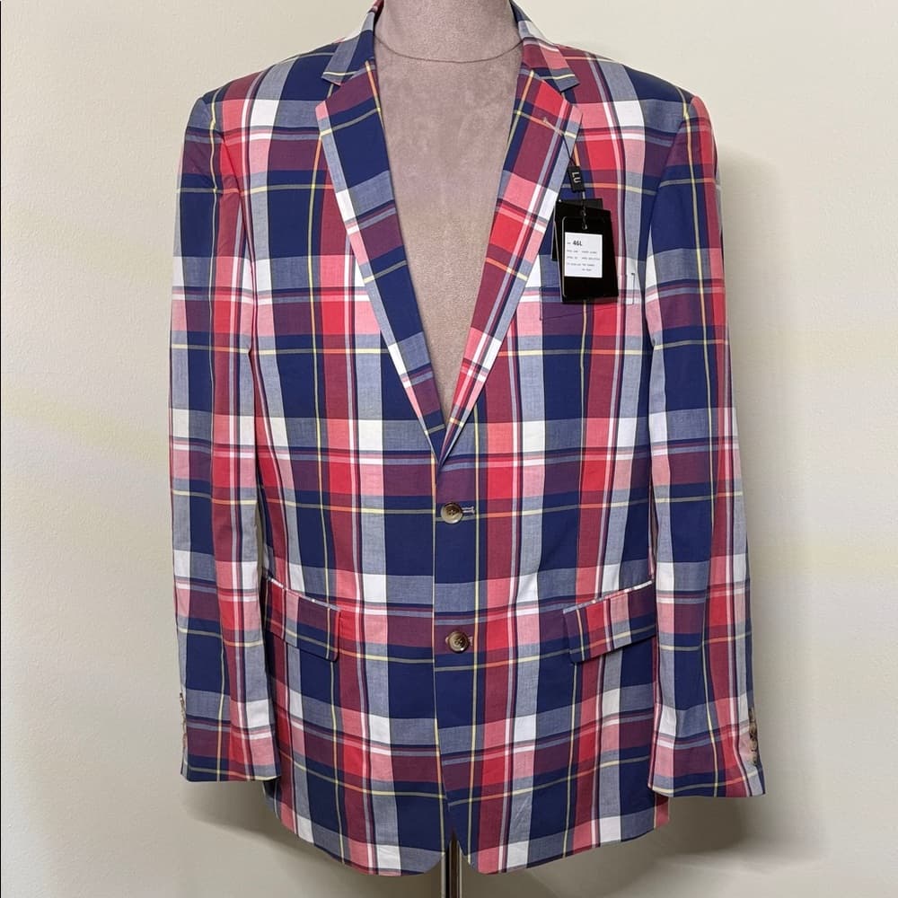 Men's Plaid Blazer - Red, Blue, White - Thumbnail 16