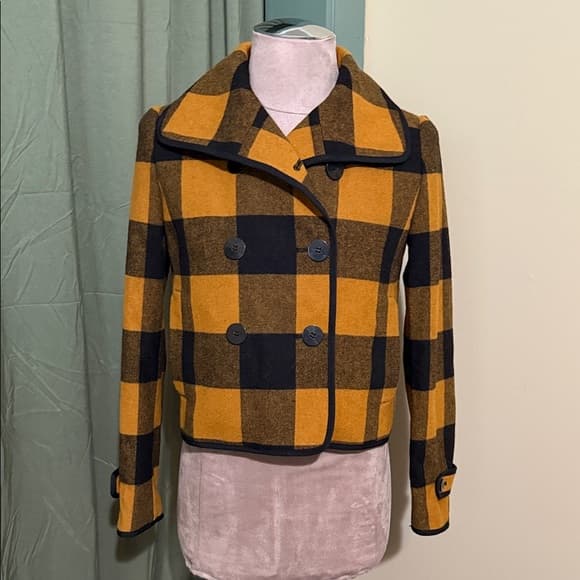 LOFT Black and Orange Checkered Pea Coat - Thumbnail 4