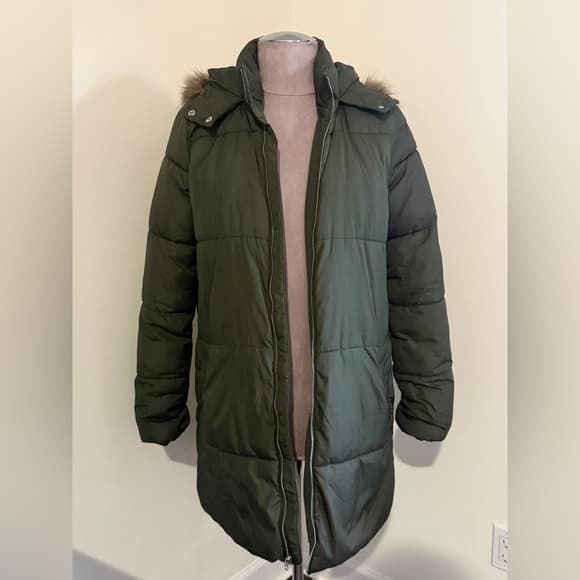 Old Navy Women's Dark Green Puffer Coat with Fur Trim - Thumbnail 12