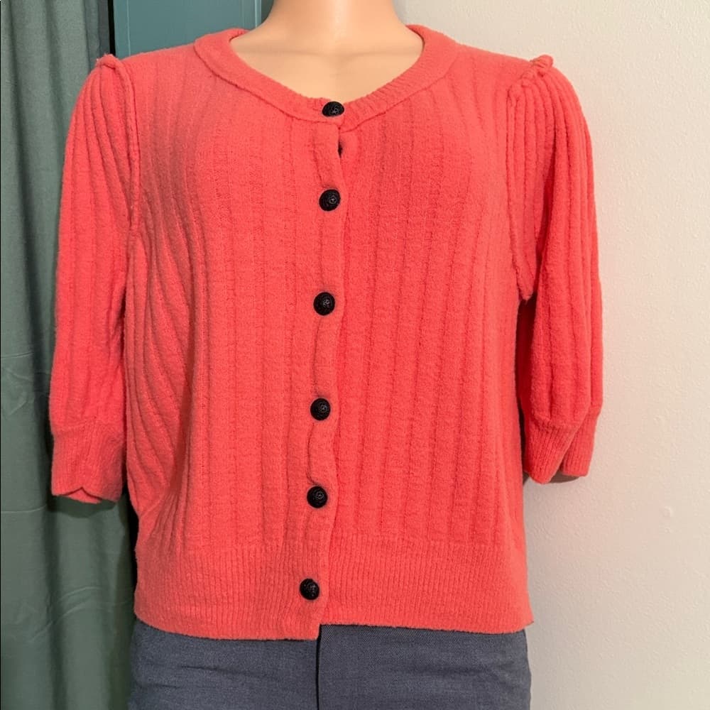Free People Coral Button-Up Sweater - Thumbnail 2