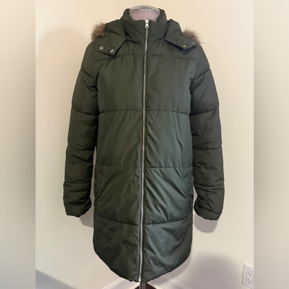 Old Navy Women's Dark Green Puffer Coat with Fur Trim - Thumbnail 2