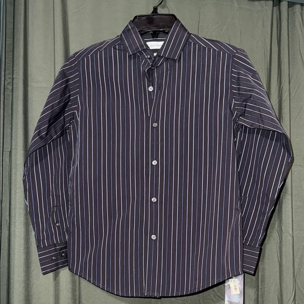 Calvin Klein Navy Striped Dress Shirt - Thumbnail 6