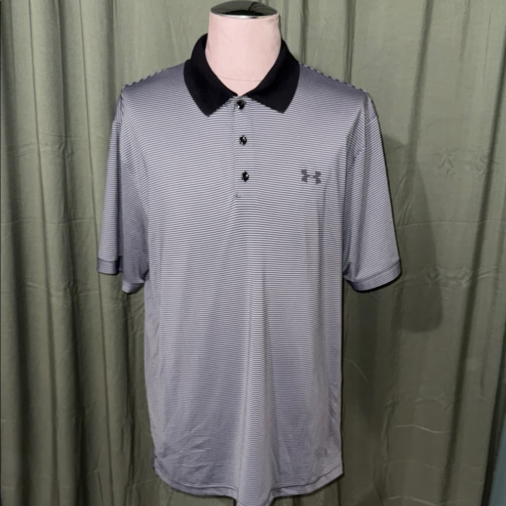 Under Armour Men's Striped Black and Gray Polo - Thumbnail 4