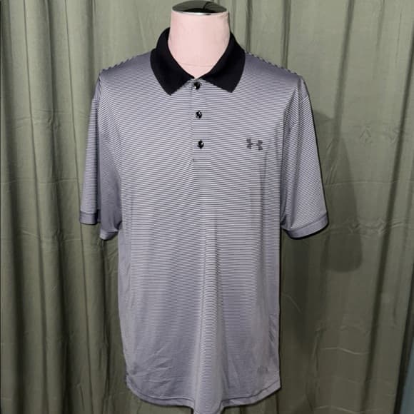 Under Armour Men's Striped Black and Gray Polo - Thumbnail 5