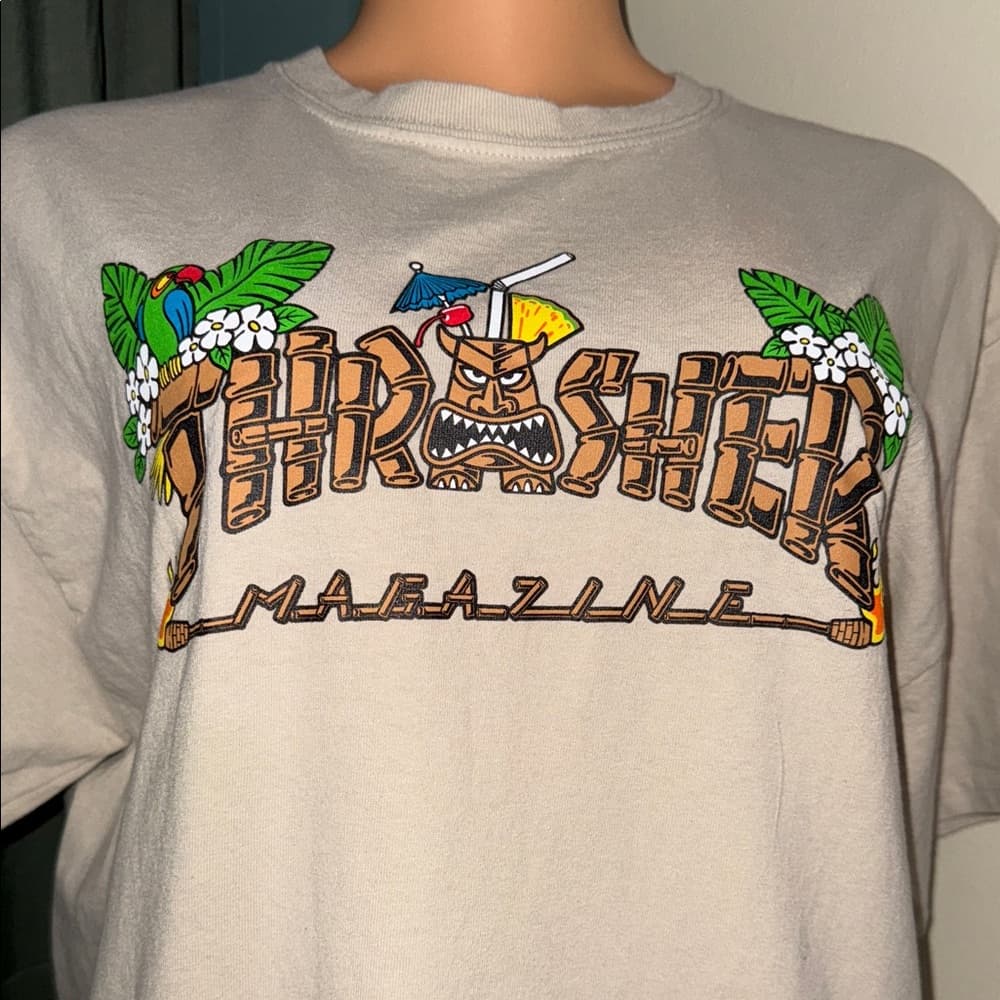 Thrasher Magazine White T-Shirt with Tropical Design