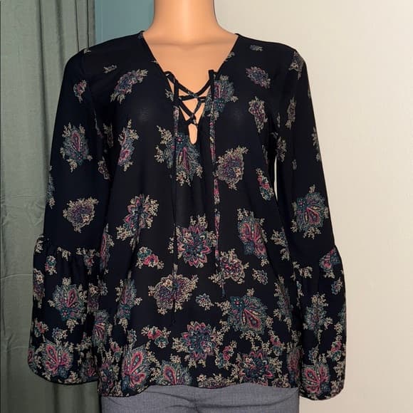 Abercrombie Black Floral Lace-Up Blouse - Thumbnail 5