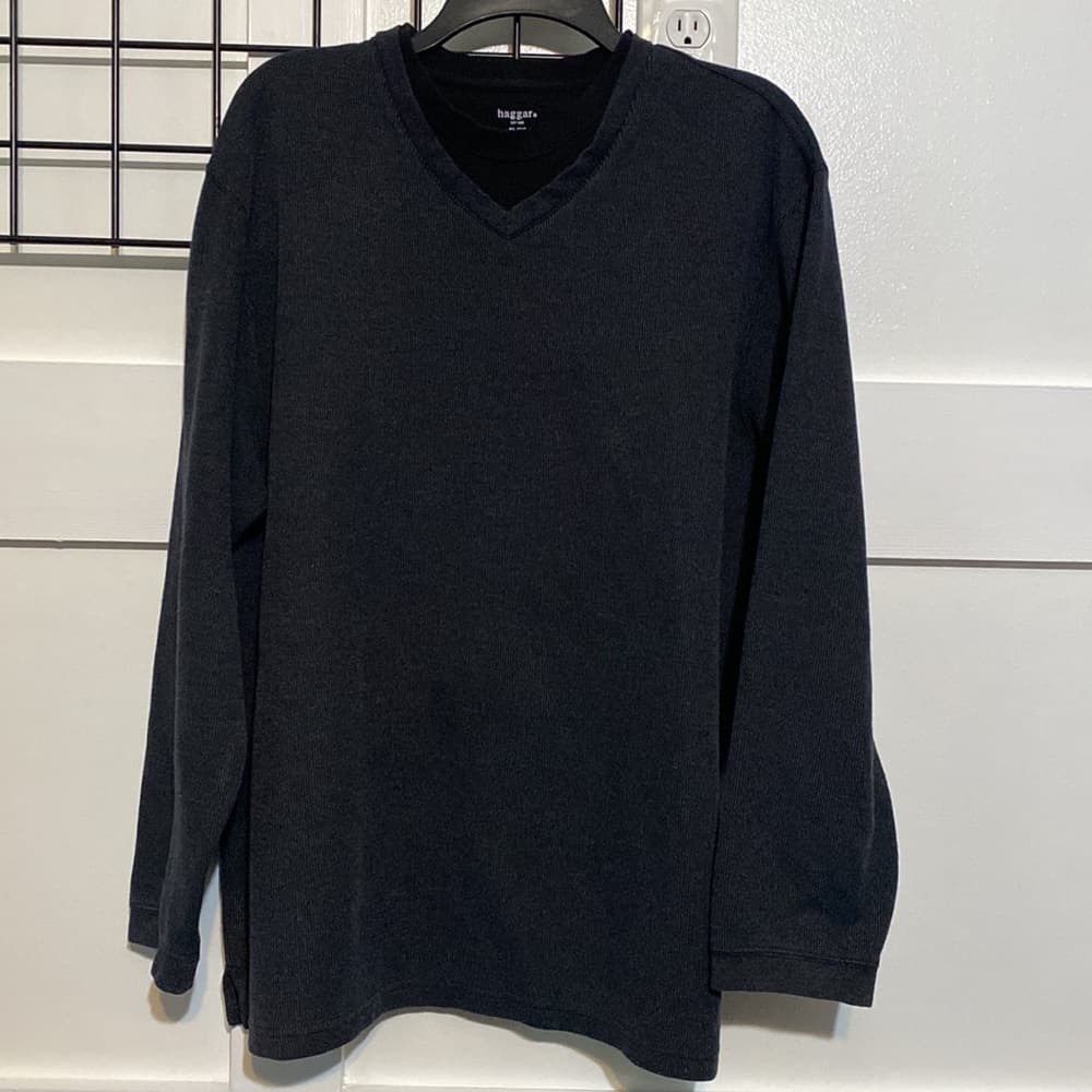 Dark grey long sleeve v-neck pullover with built-in t-shirt look