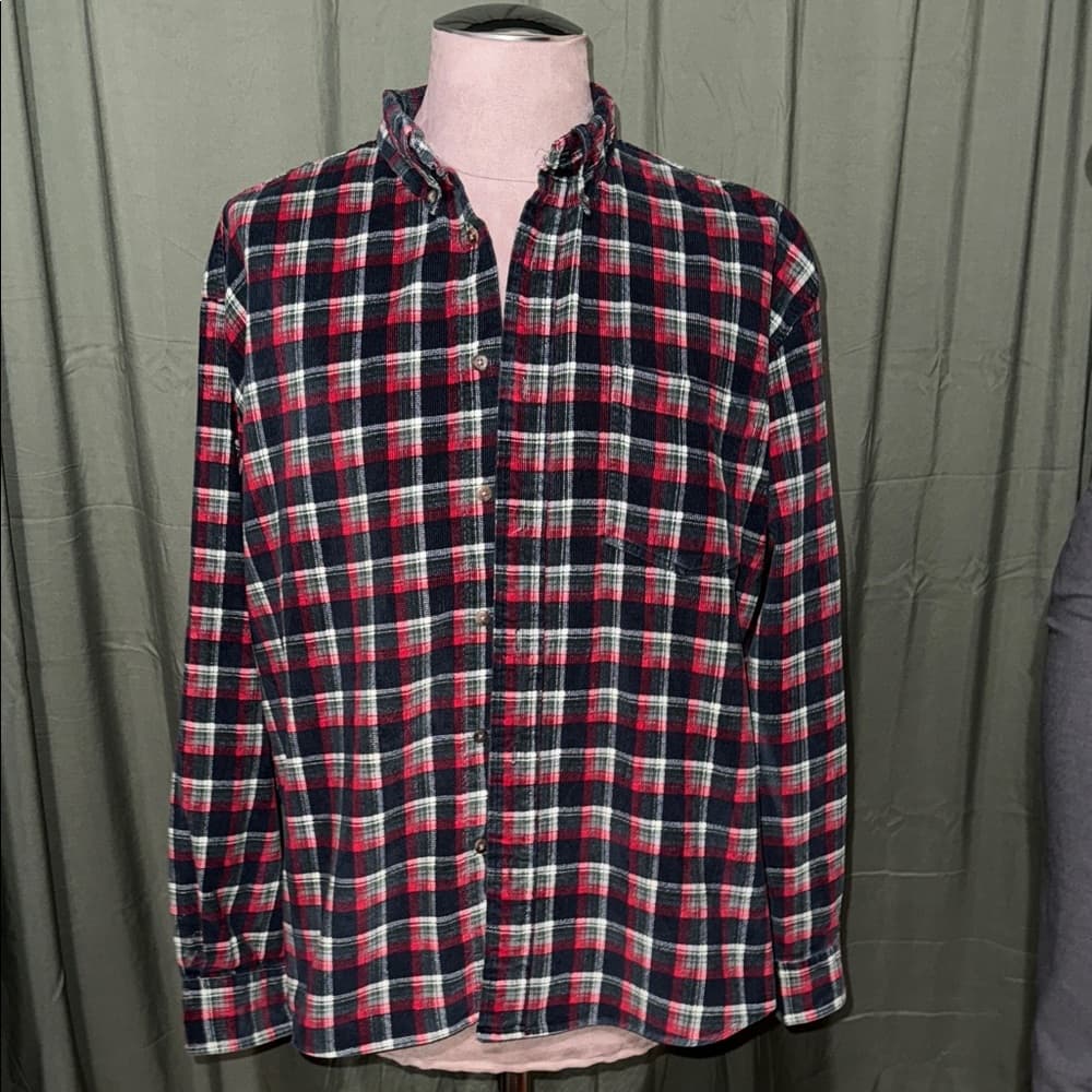 Men's Red and Black Plaid Corduroy Button Down Shirt - Thumbnail 4