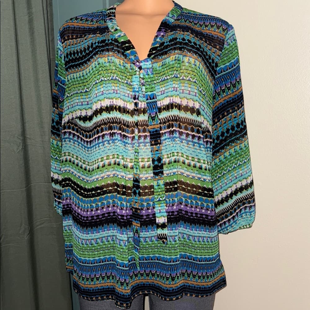 Lane Bryant Blue and Green Striped Blouse - Thumbnail 2