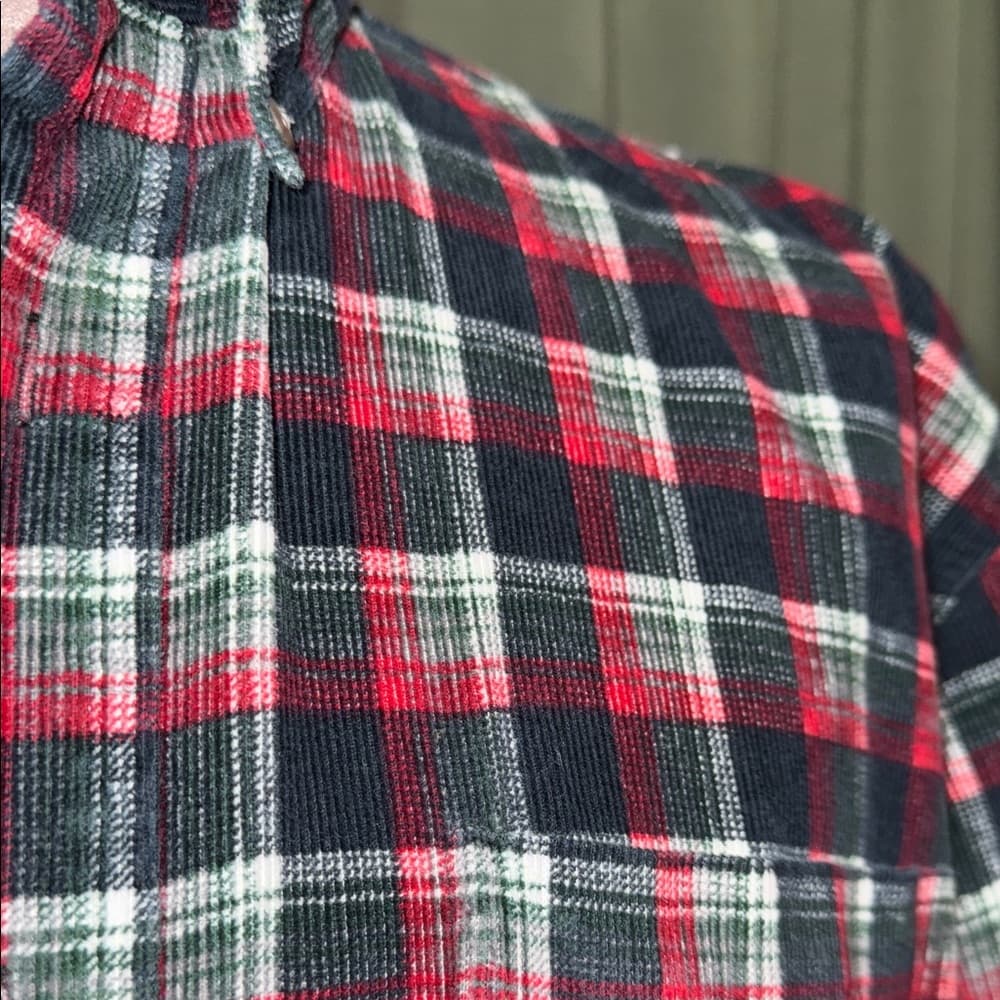 Men's Red and Black Plaid Corduroy Button Down Shirt - Thumbnail 2