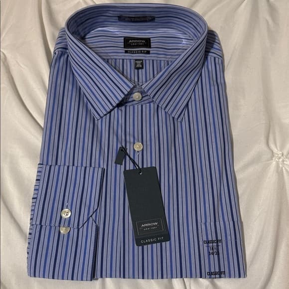 Arrow Men's Classic Fit Navy Striped Dress Shirt - Thumbnail 5