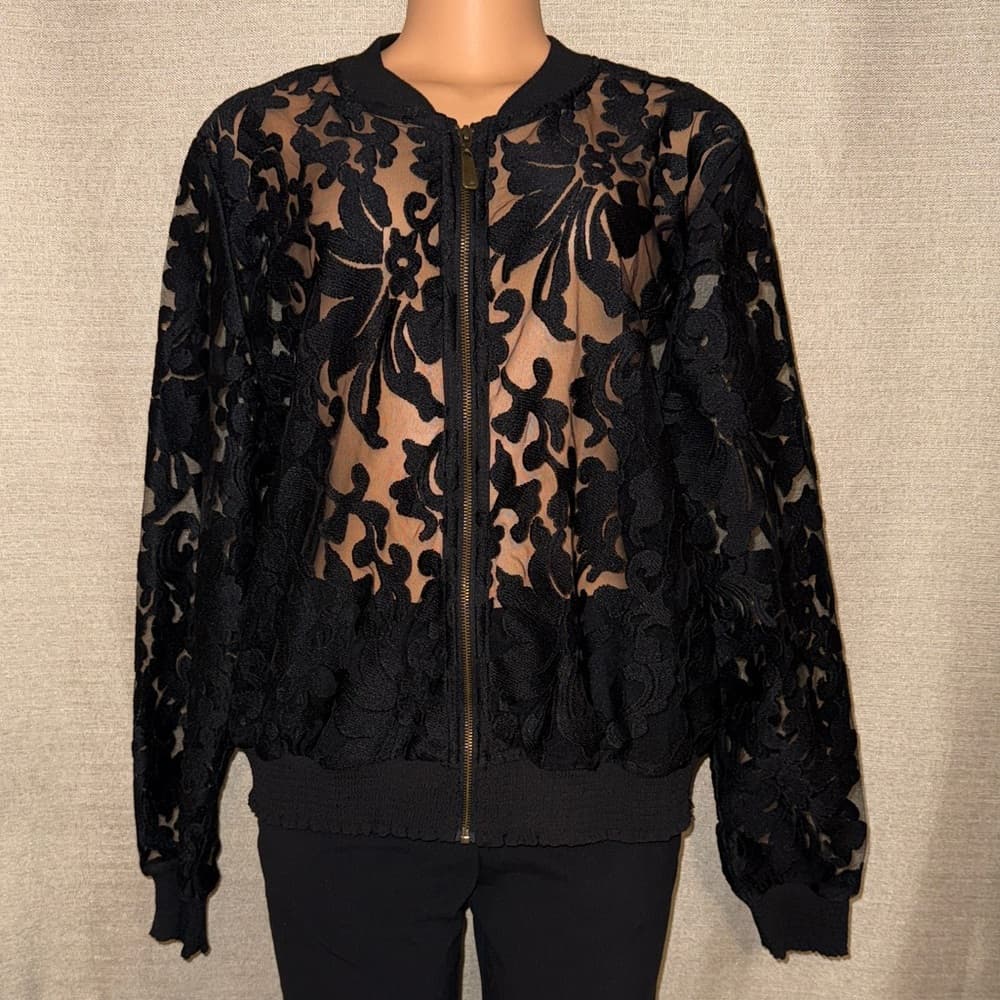 Elegant black lace floral zipper jacket - Thumbnail 4