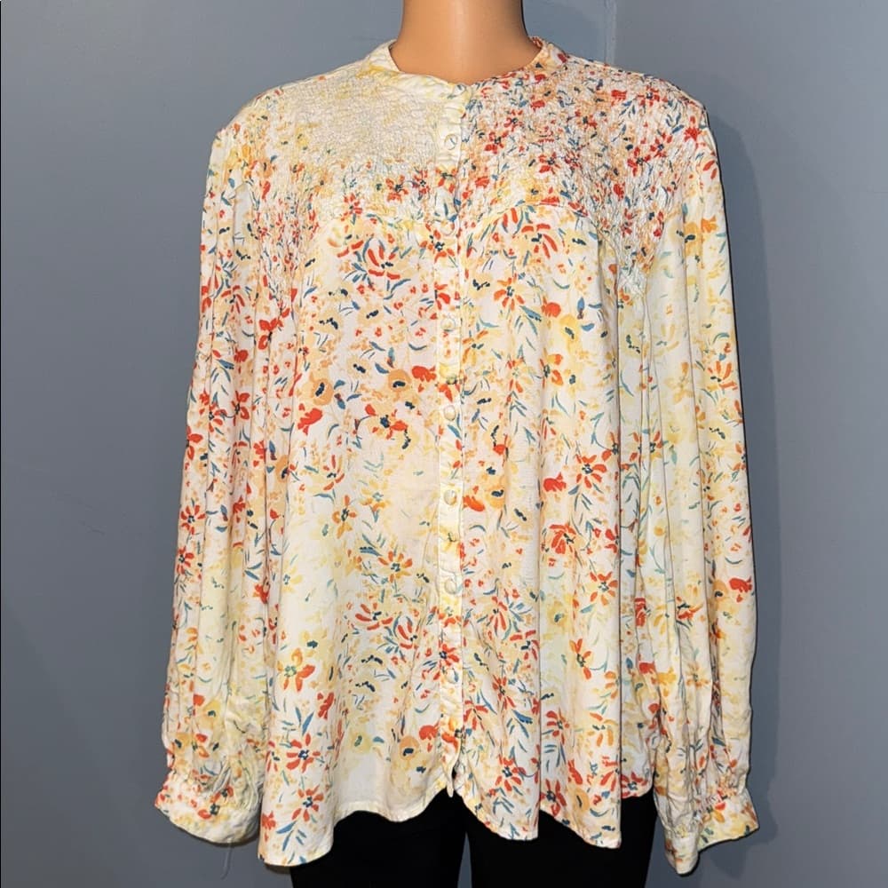 Time & Tru Floral Long Sleeve Smocked Top - Size XXL - Thumbnail 7