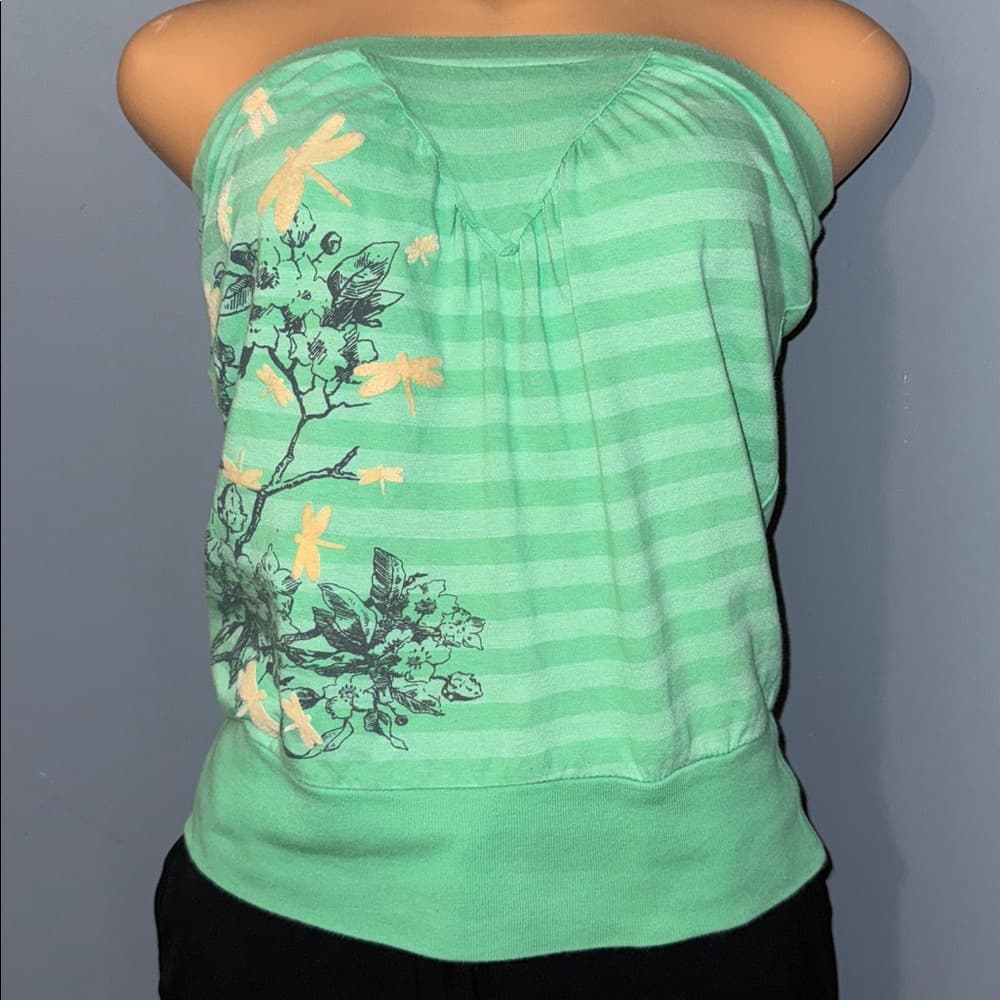 XS Green Strapless Top with Floral Design - Thumbnail 6