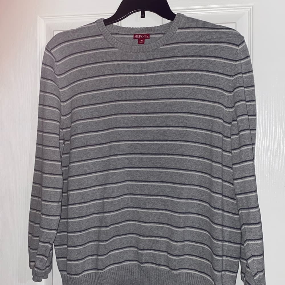 Grey striped sweater with double cuffed sleeves - Thumbnail 7