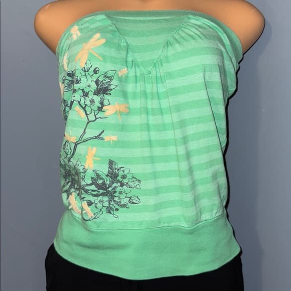 XS Green Strapless Top with Floral Design - Thumbnail 7