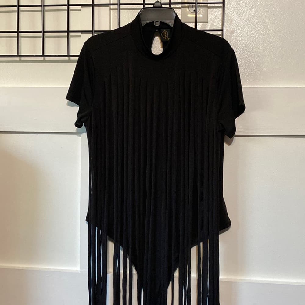Black bodysuit with fringe accents on the front - Thumbnail 4