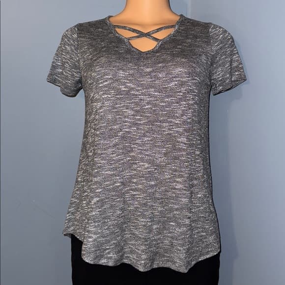 Women's Heather Gray Knit V-Neck Criss Cross Short Sleeve Top, Size Large - Thumbnail 5