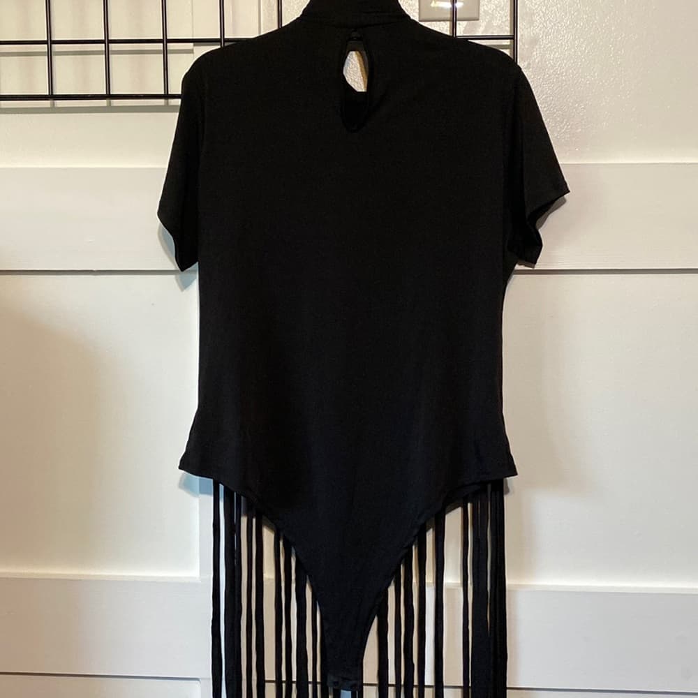 Black bodysuit with fringe accents on the front - Thumbnail 3